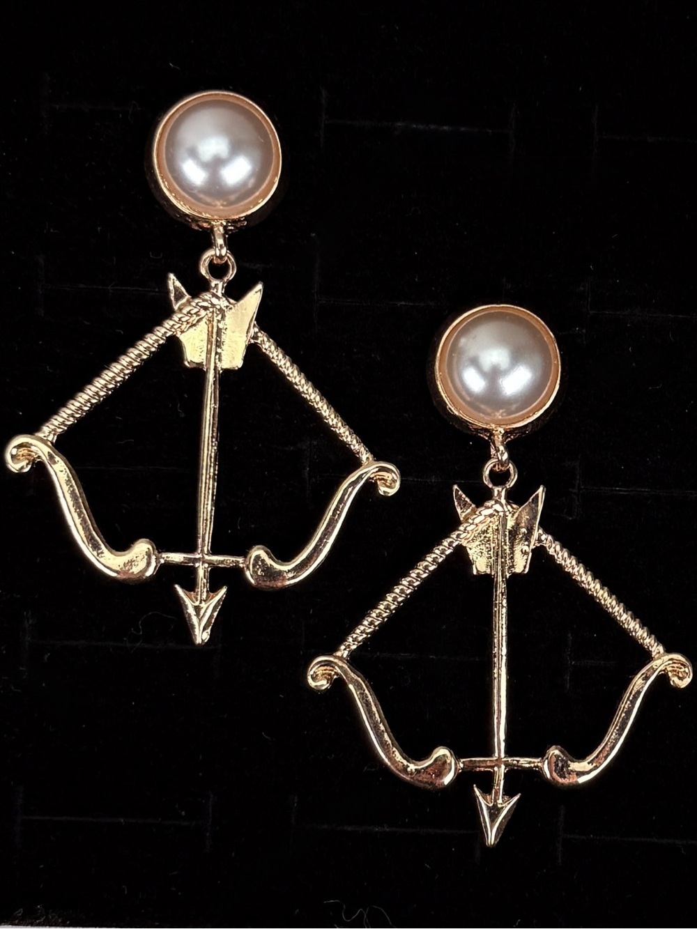 Gold Tone Archer Bow Faux Pearl Pierced Post Earrings